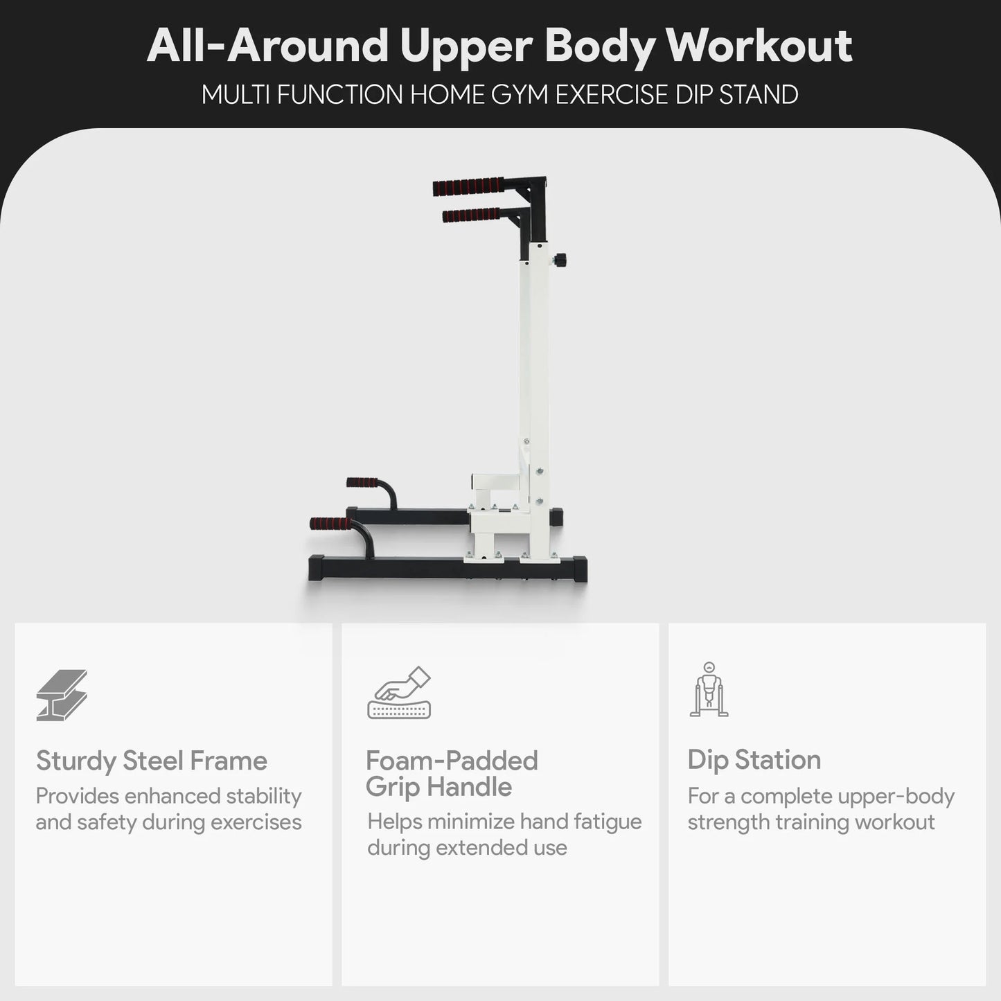 Steel Frame Dip Station with Adjustable Height, 500 Lb Weight Capacity, White